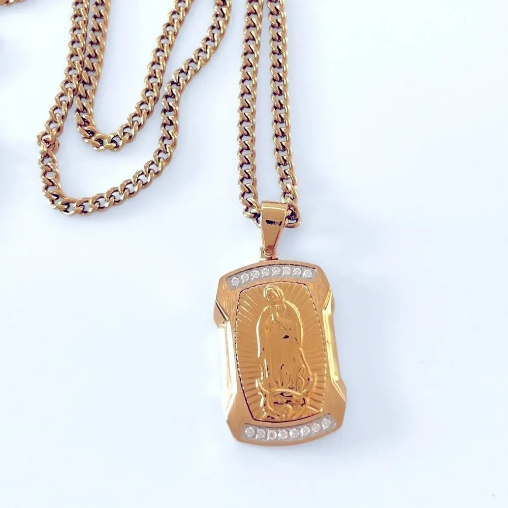 Our Lady Of Guadalupe White Diamond Stainless Steel Dog Tag Pendant Necklace
